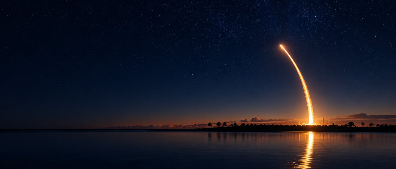 A rocket's golden plume arcs over the Banana River before dawn on Florida's Space Coast